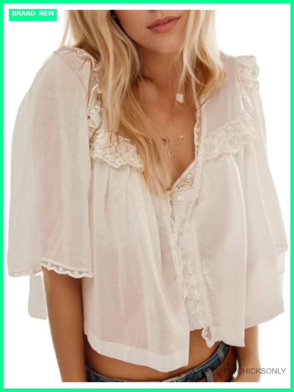 Womens Oversized Crop Boho Lace Half Sleeve V-Neck Button Down Blouse Top